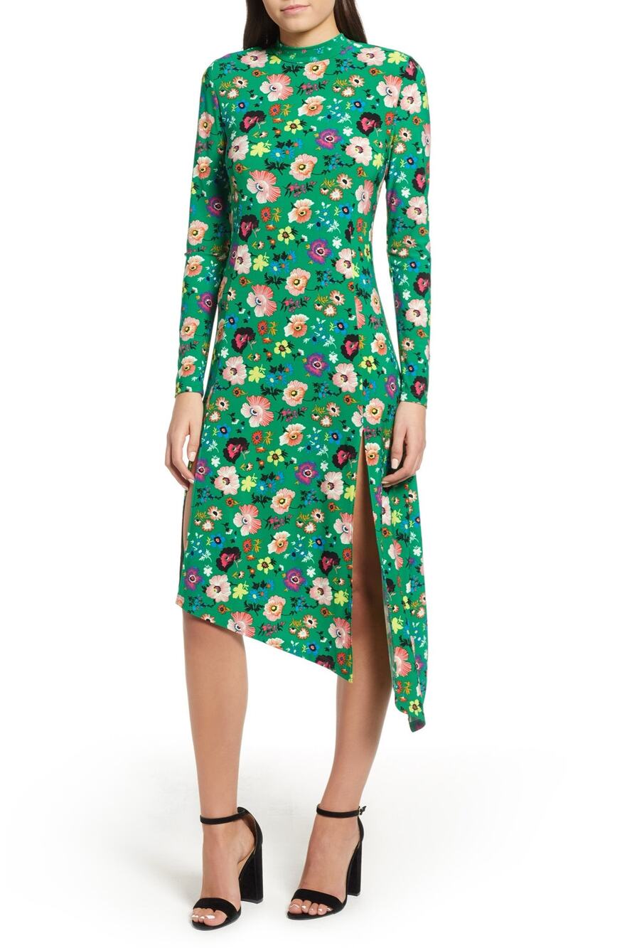 NWT Topshop Green Floral Asymmetrical Mock Neck Long Sleeve Tie Back Midi Dress